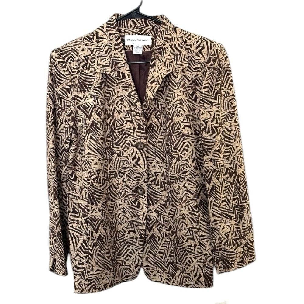 Rena Rowan Women Brown Biege Jacket Size 14 💯 % Silk Lined Long Sleeve